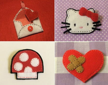 Broches de fieltro con forma de carta de amor, corazón con tirita, seta y Hello Kitty